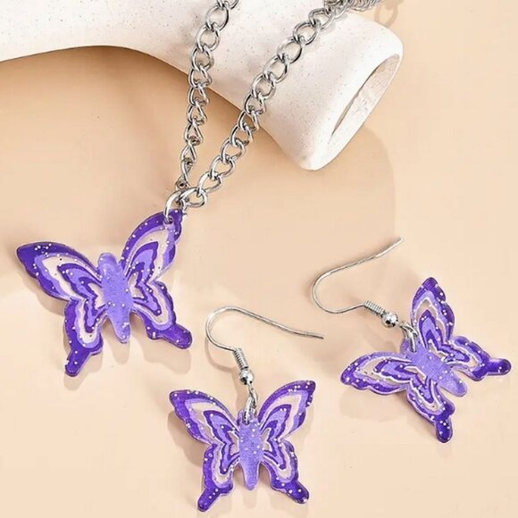 Lindy Jessa Colorful Purple Butterfly Necklace Earrings Set Gift Packaged - Picture 1 of 8